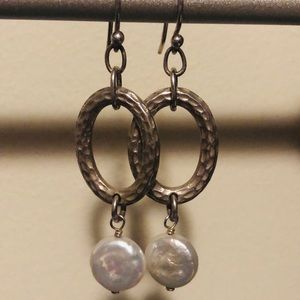 Silpada W1253 Oval Coin Pearl drop earrings 2”